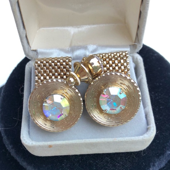 Vintage Gold Mesh Cufflinks Tie Tack Set Rivoli Rhinestones - Picture 2 of 12